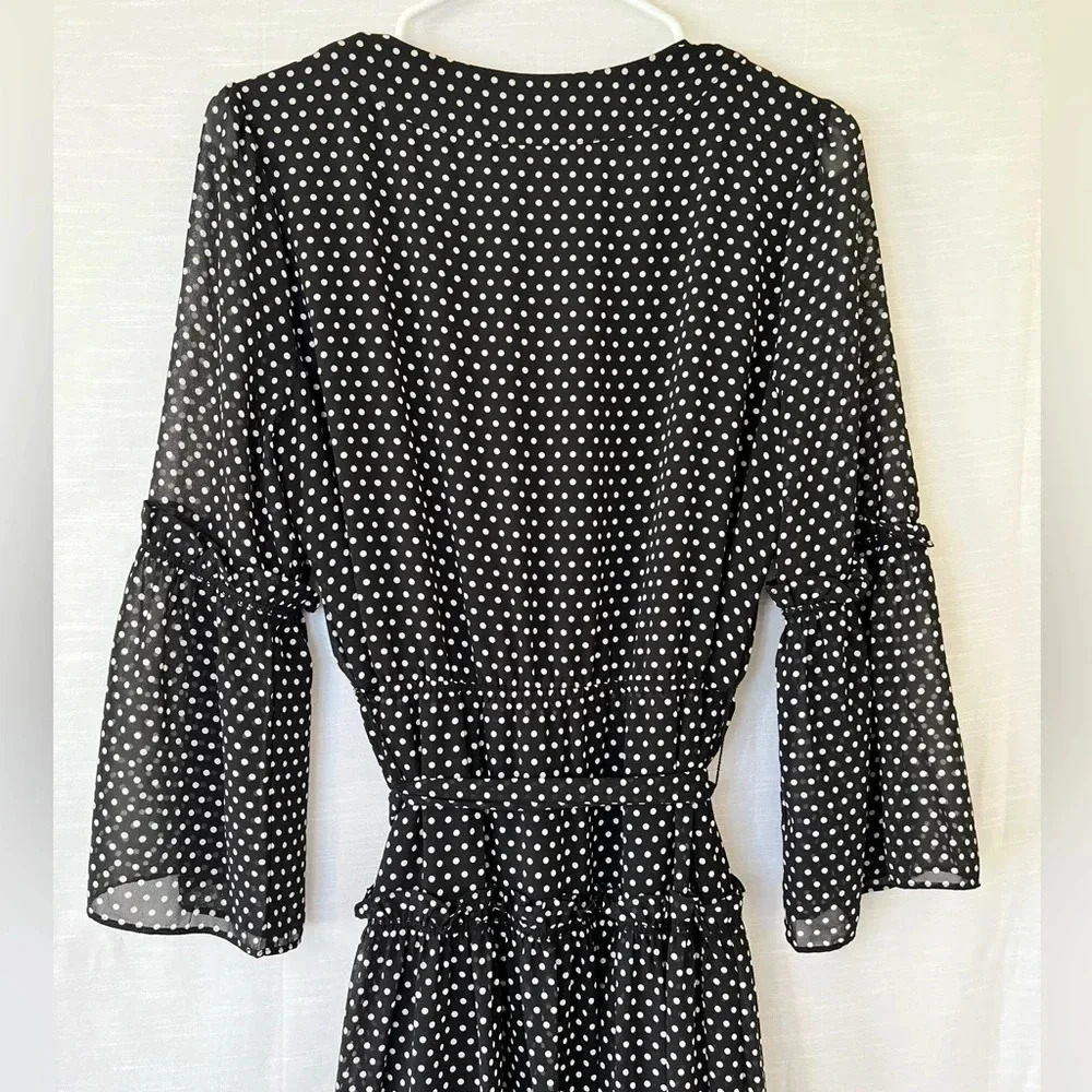 MICHAEL KORS Tiered Polka Dot Chiffon MIDI Dress Black - Picture 7 of 9
